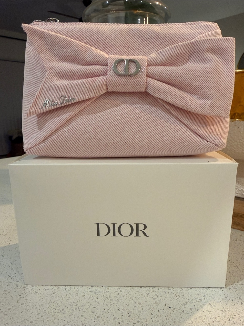 Dior Light Pink Bow Cosmetic Pouch with CD Logo